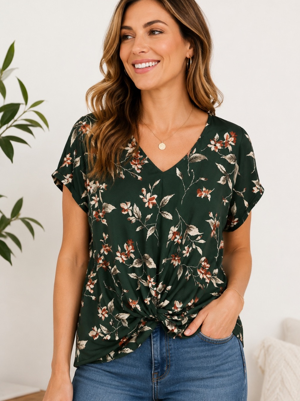 West Kei Green Floral Twist Front V-Neck Blouse Short Sleeve Size Large
